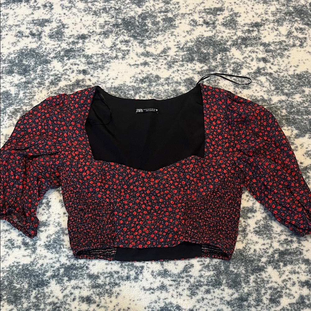 Zara Red and Black Floral Crop Top